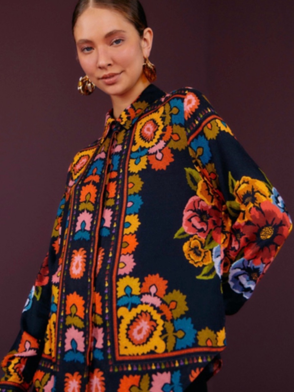 FARM Rio Chenille Flowers Floral Mosaic Button-Down Blouse size M